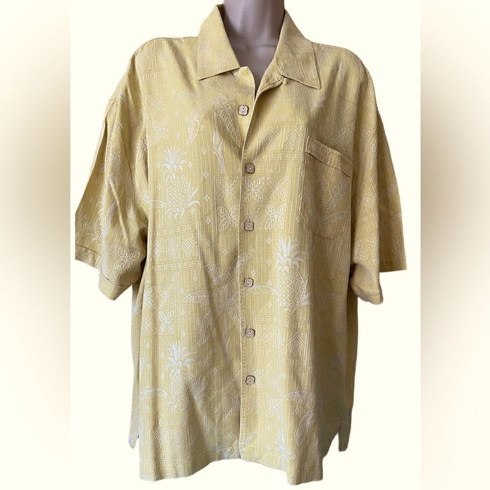 Jamaica Jaxx 100% Silk Jacquard Palm Frond Hawaiian Shirt Yellow XXL Banana Leaf